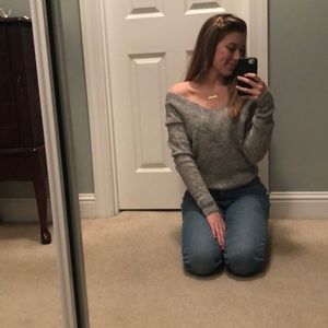 Grey off the shoulder V sweater